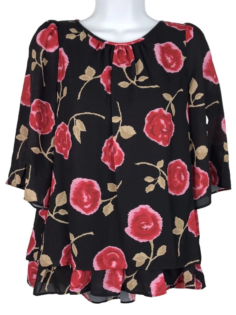 Kate Spade Hazy Rose Double Layer Top Size XS Black Multi Floral High Low Hem